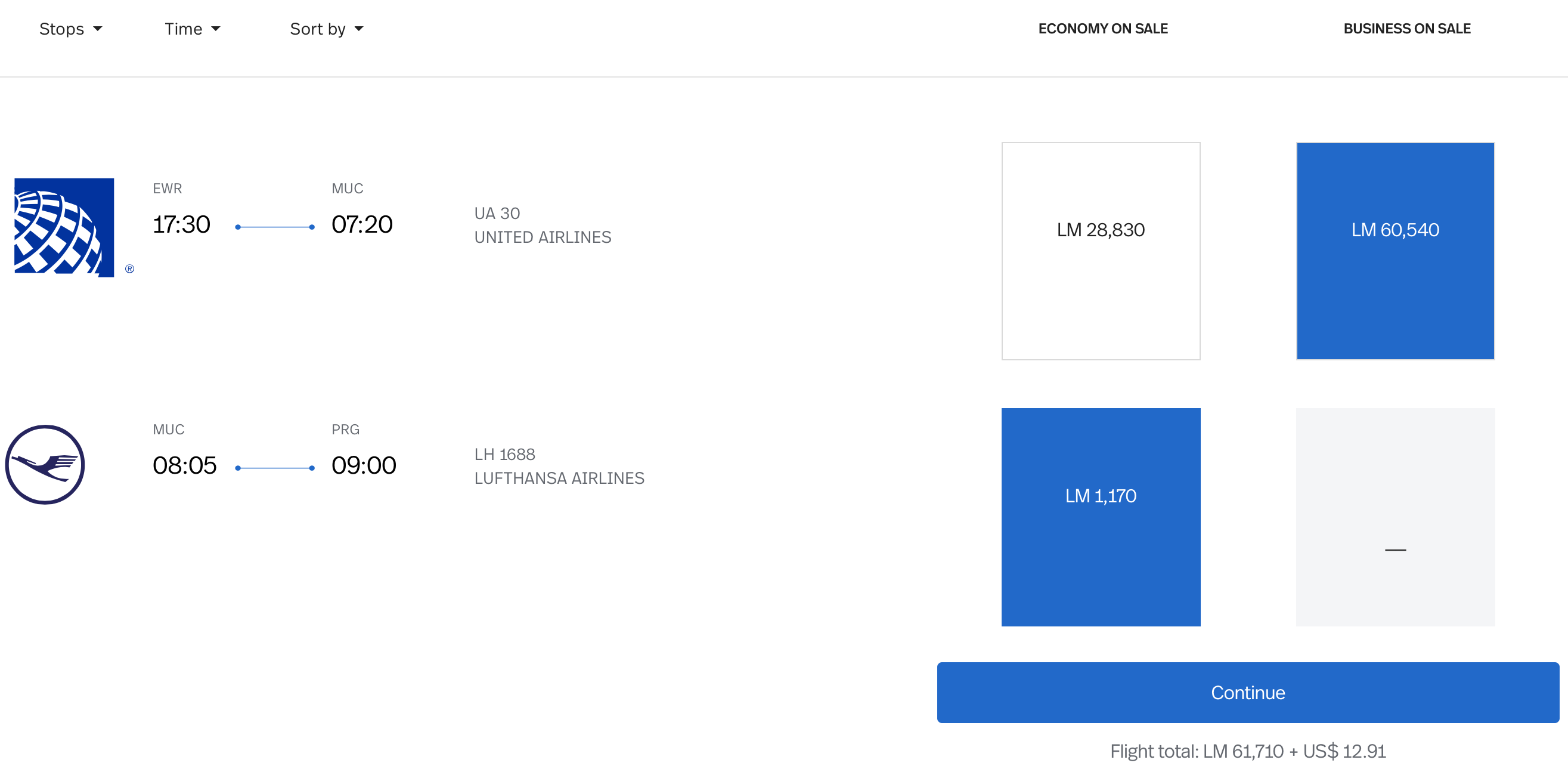 EWR PRG LifeMiles Pricing With Short Haul Economy Leg Connection