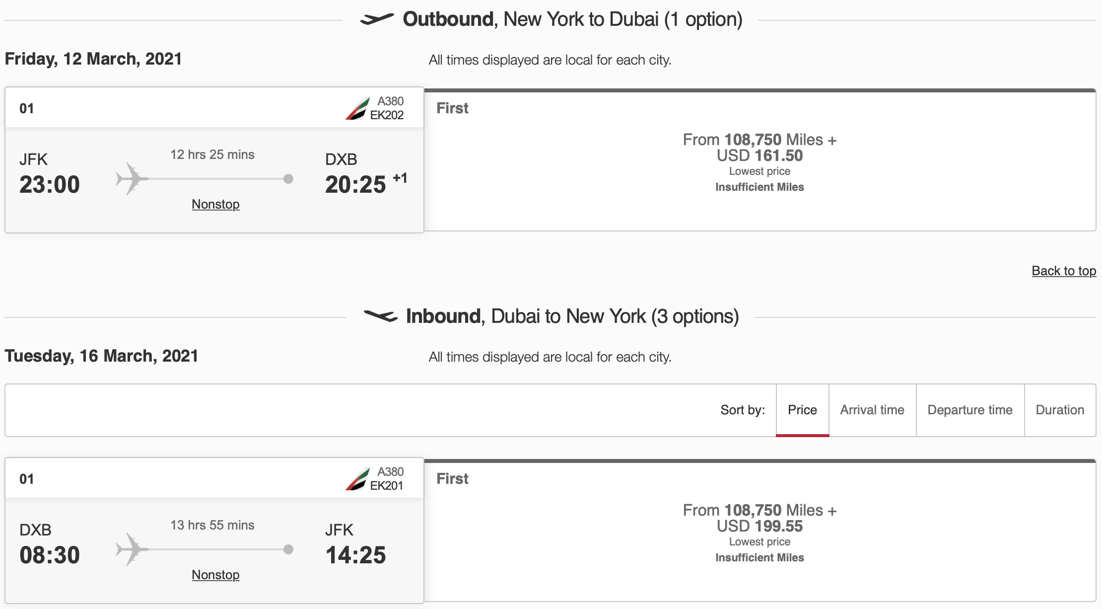 Emirates JFK to DXB Round Trip Pricing Emirates Skywards