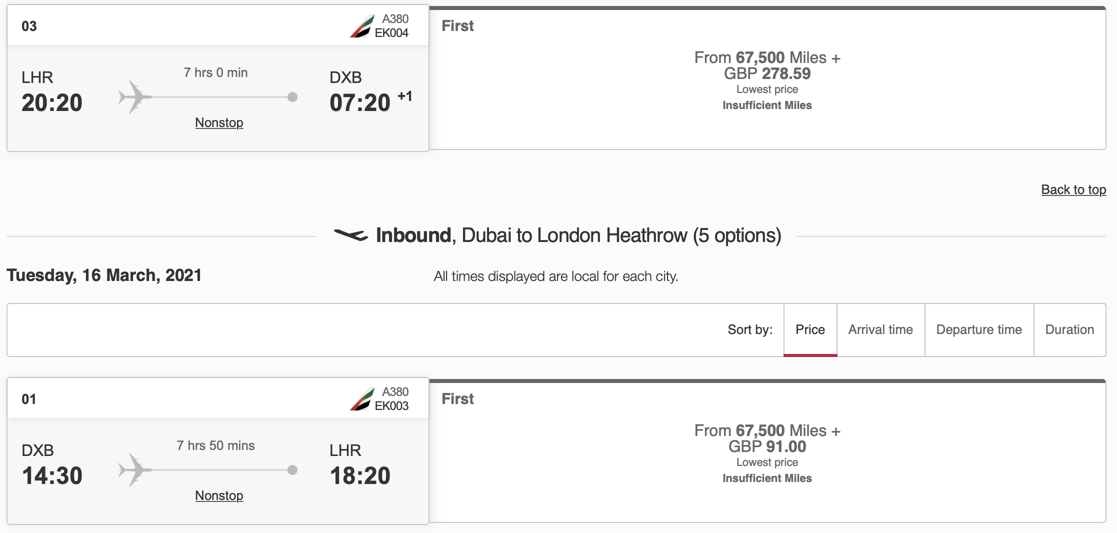Emirates LHR to DXB Round Trip Pricing Emirates Skywards