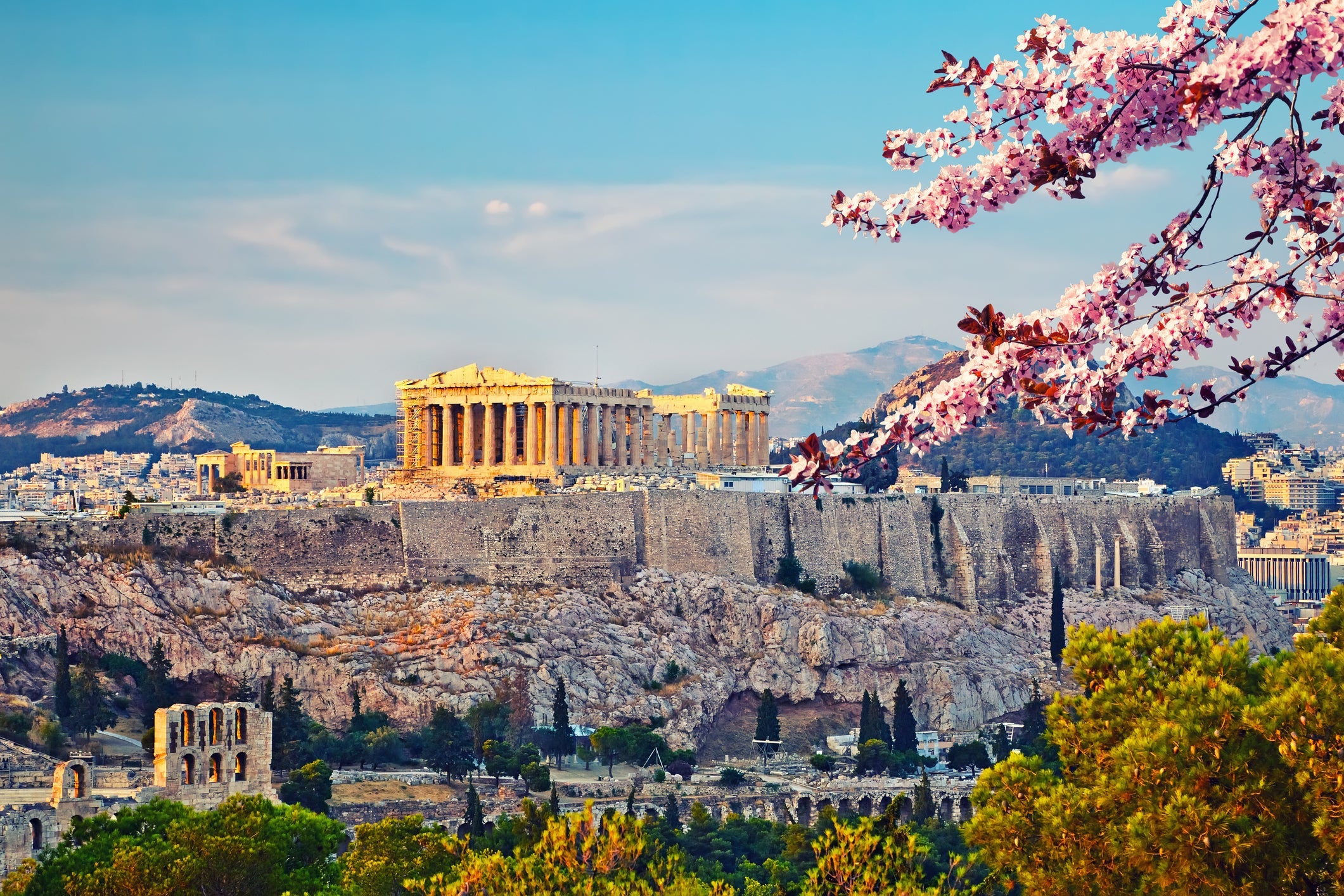 The Acropolis at sunset in Athens, Greece