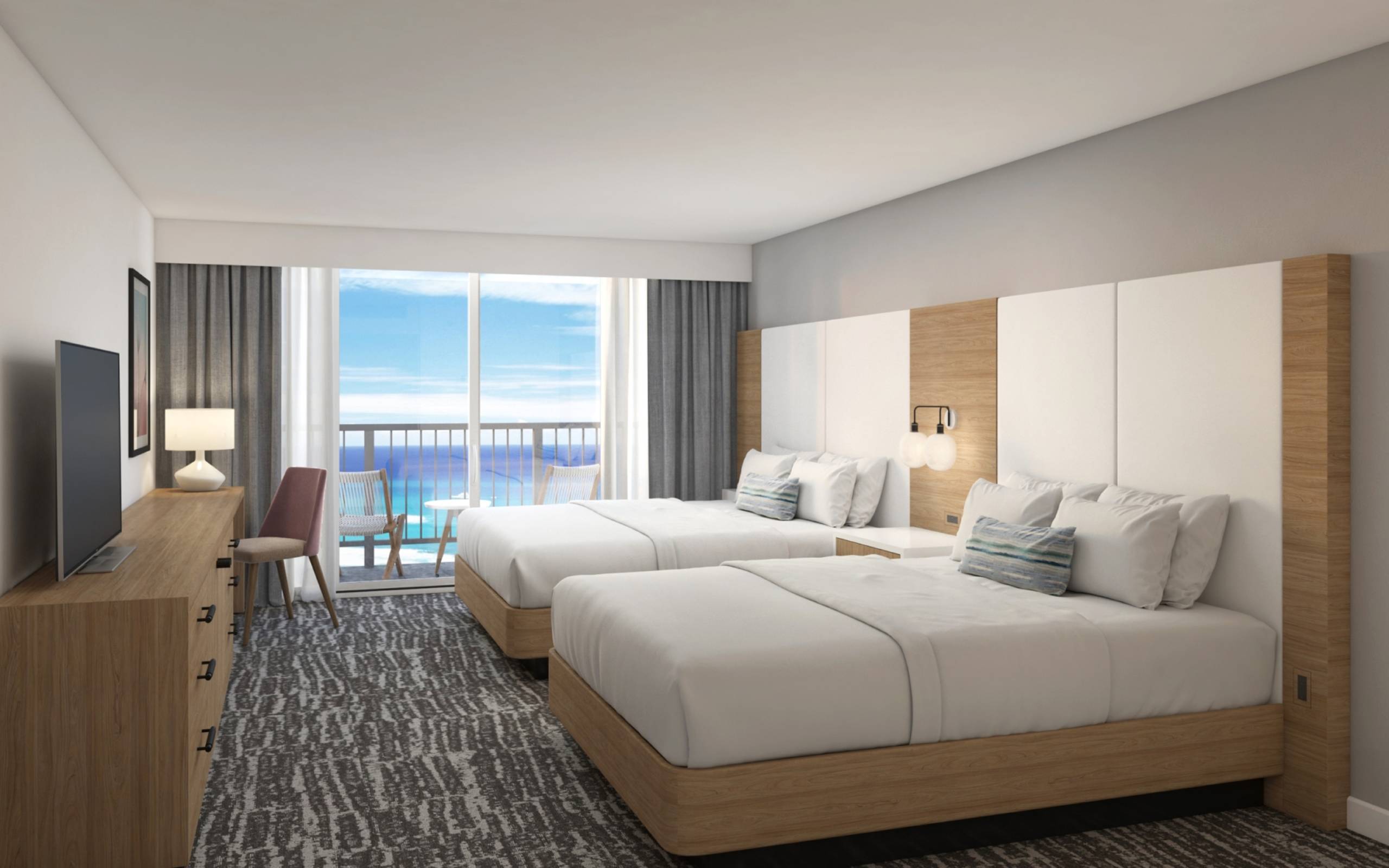 A king oceanview guestroom at the Hilton Myrtle Beach