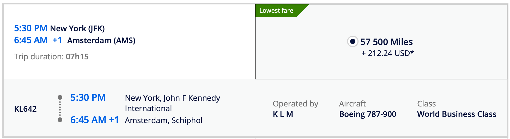 JFK AMS KLM Flying Blue Pricing Screen Shot