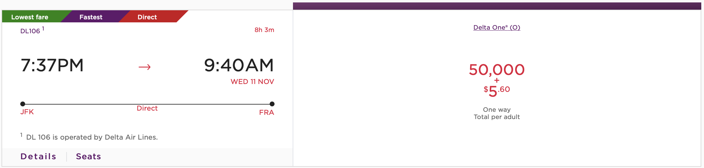 JFK FRA Virgin Atlantic Delta One Pricing