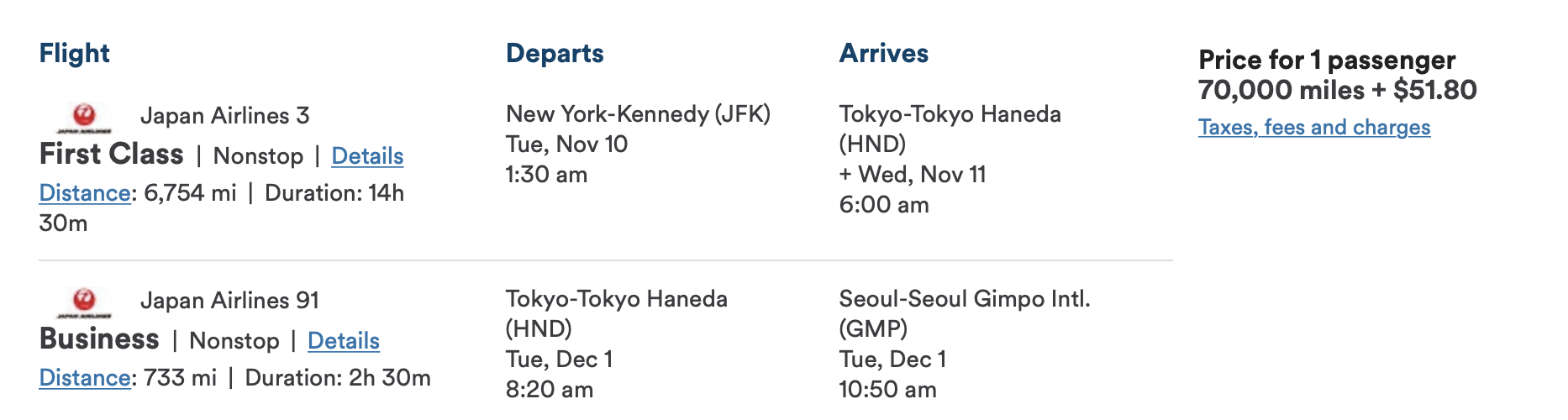 JFK HND GMP First Class Pricing Japan Airlines Alaska Airlines