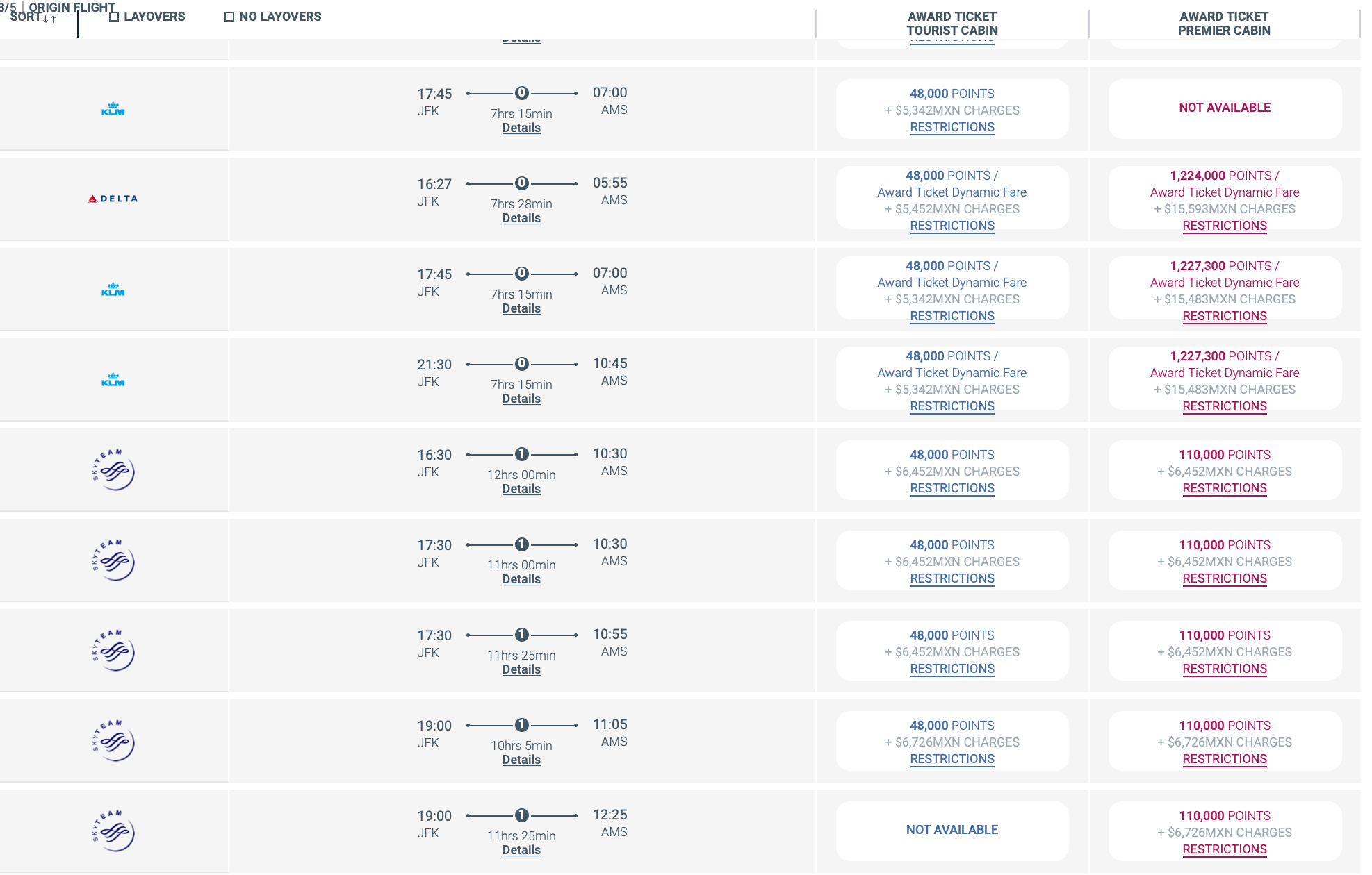 JFK to AMS Premier Club Pricing