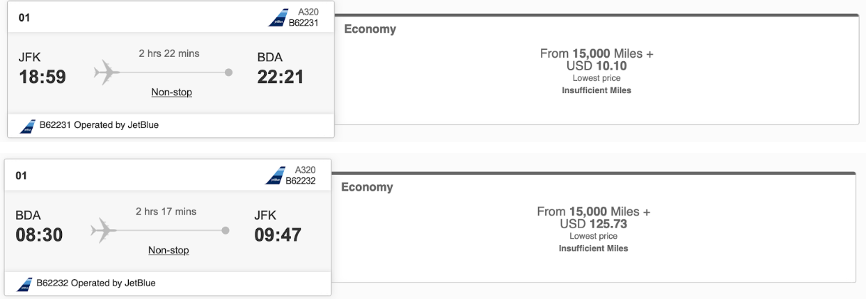 JFK to BDA Return Cost with Emirates Skywards