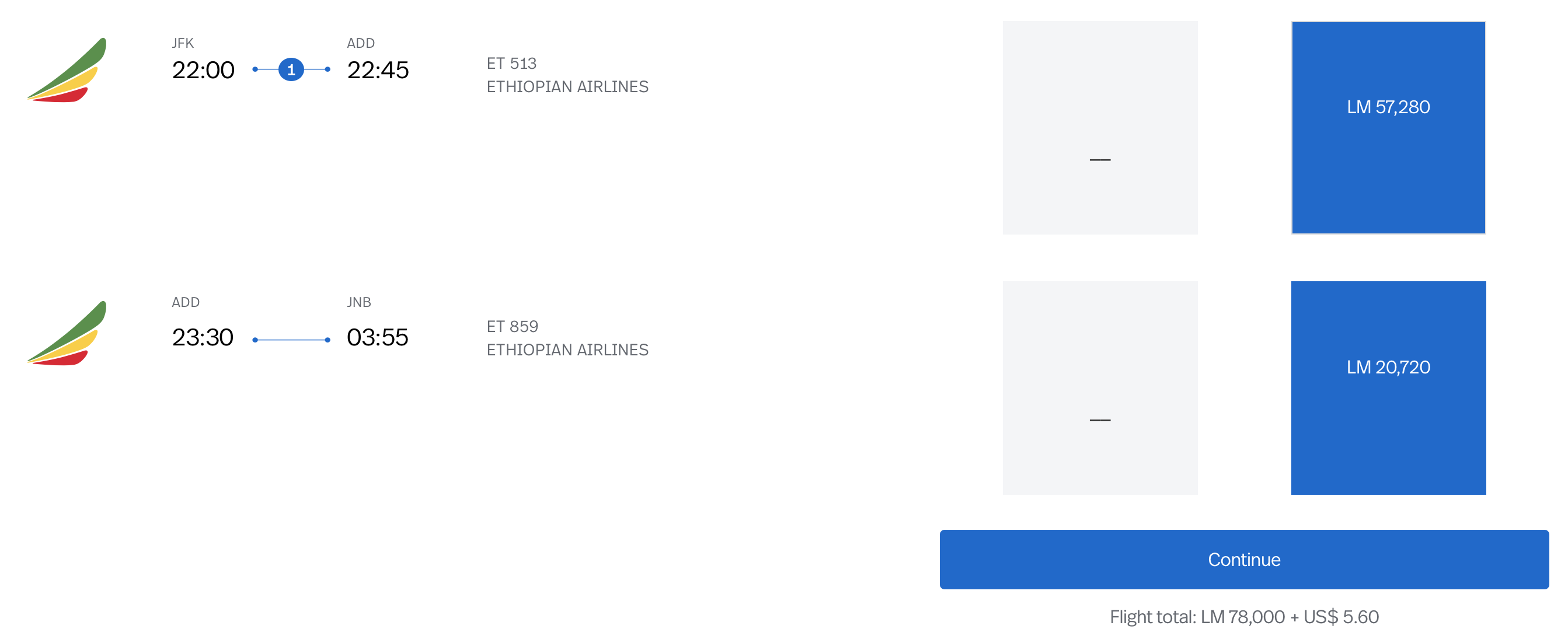 JFK to JNB on Ethiopian Airlines LifeMiles Pricing