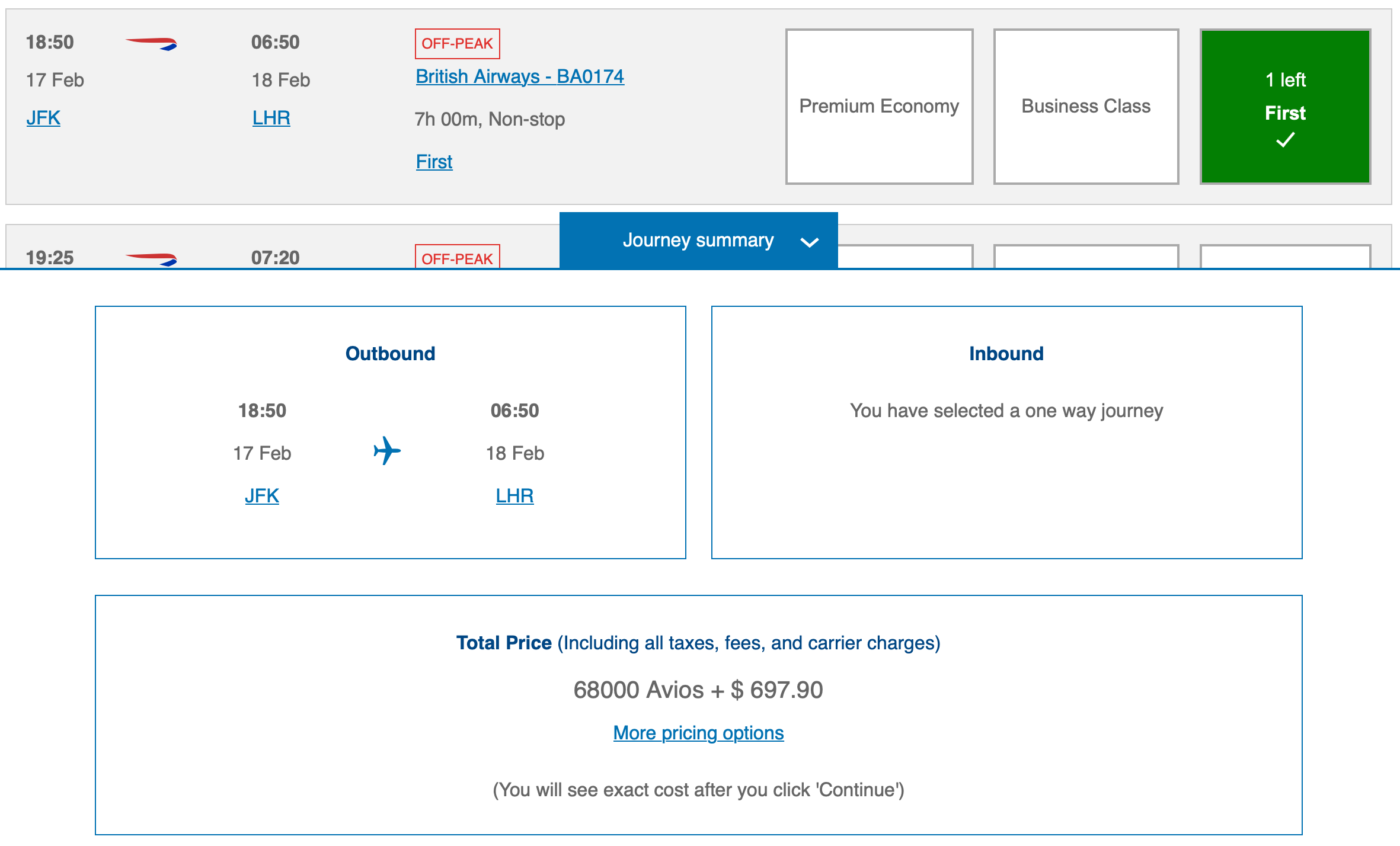 JFK to LHR First Class off peak pricing British Airways Avios
