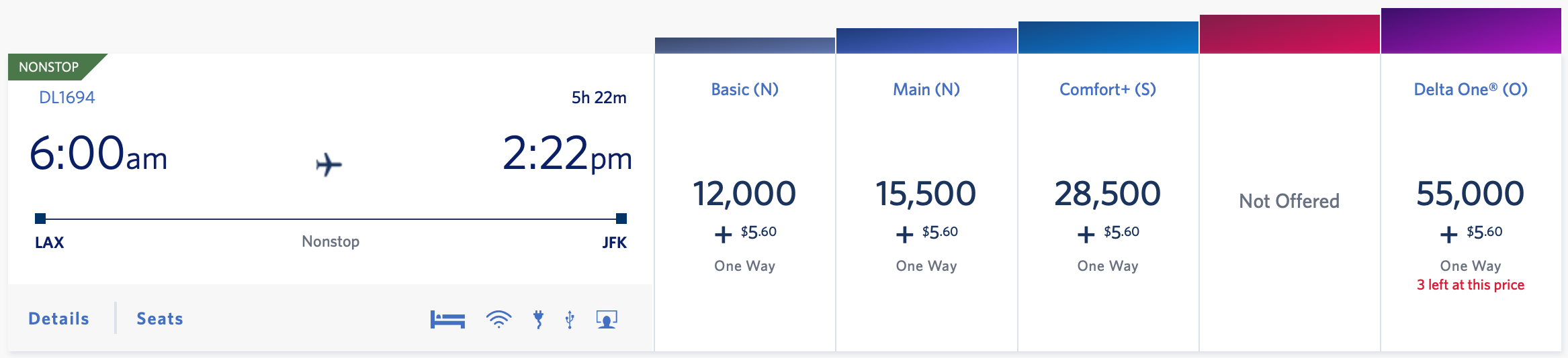 LAX JFK Delta Award Pricing Screen Shot