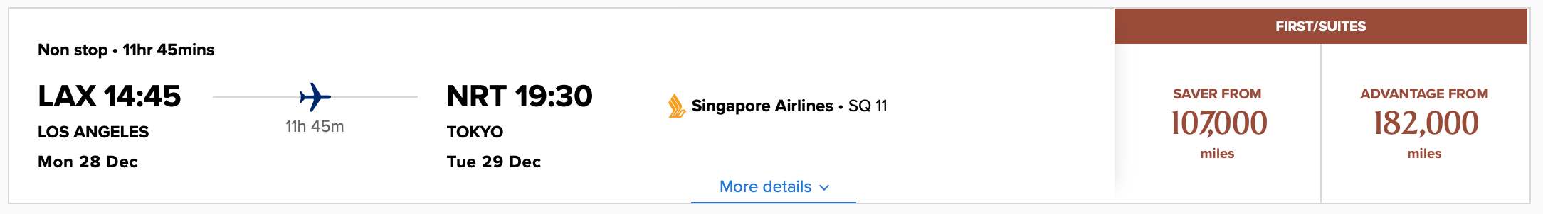 LAX NRT First Class Award Pricing Screen Shot Singapore Airlines