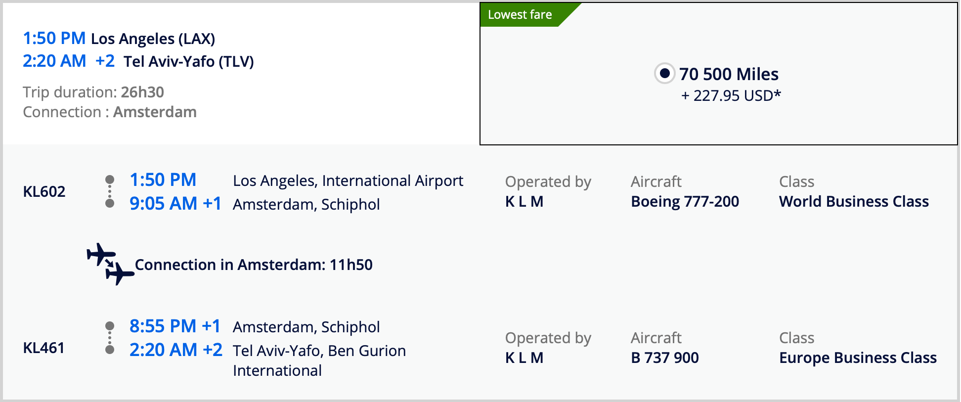 LAX TLV Pricing KLM Flying Blue Screen Shot