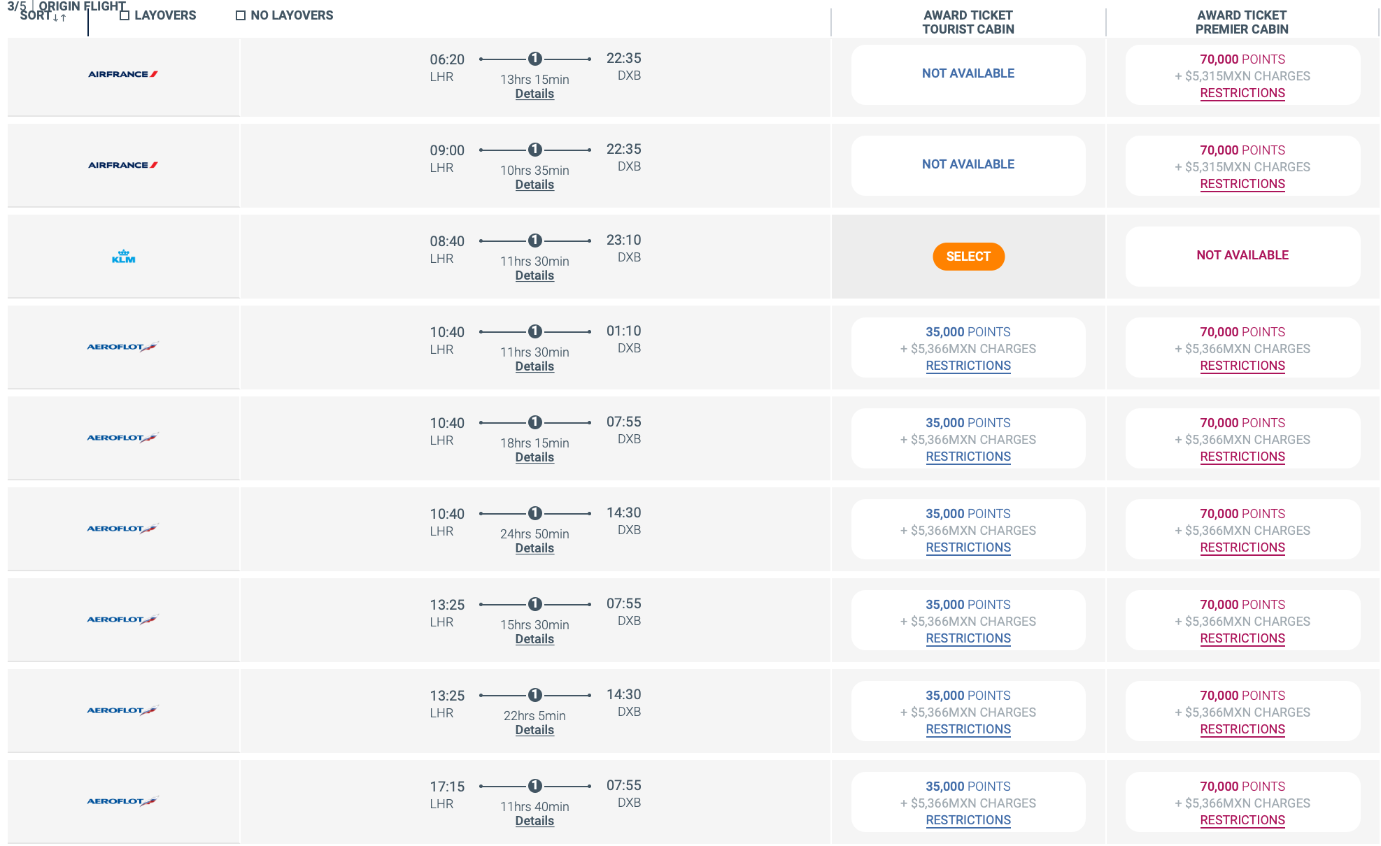 LHR to DXB Premier Club Pricing
