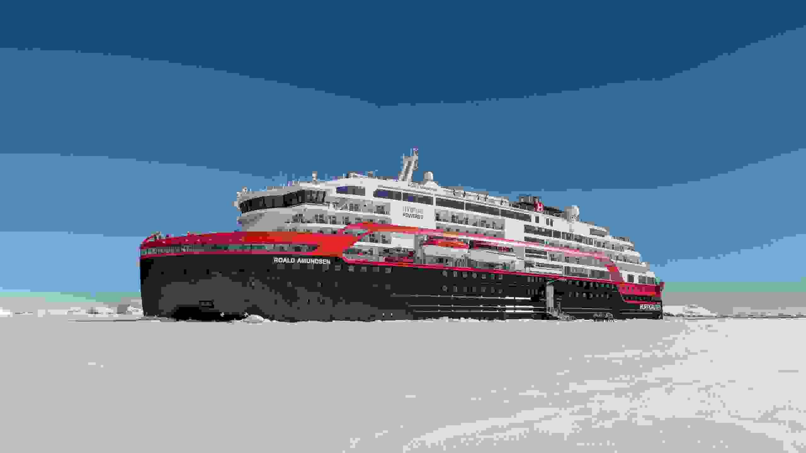 Hurtigruten's Roald Amudsen is an expedition cruise ship with a strengthened hull capable of driving into ice in the Arctic. (Photo courtesy of Hurtigruten)