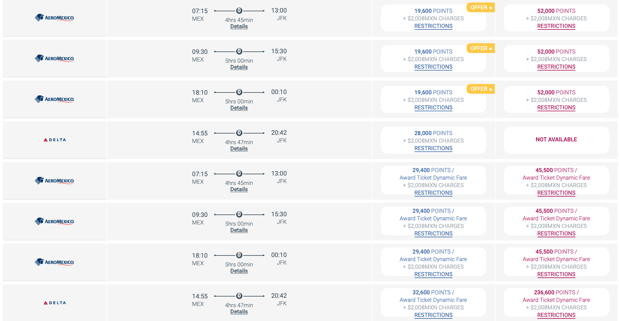 MEX JFK Pricing Premier Club on 12 23 20