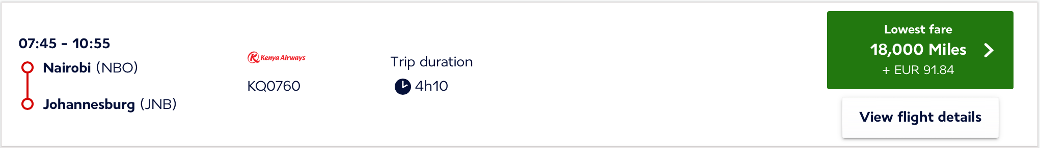 NBO JNB Flying Blue Award Pricing