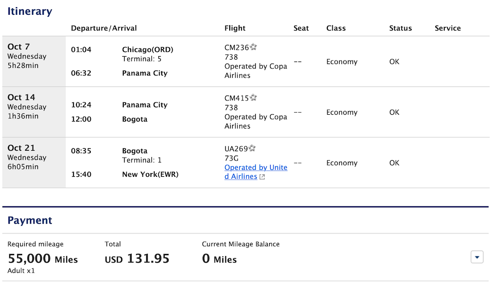 ORD PTY PTY BOG BOG EWR ANA Mileage Club Booking Screen Shot
