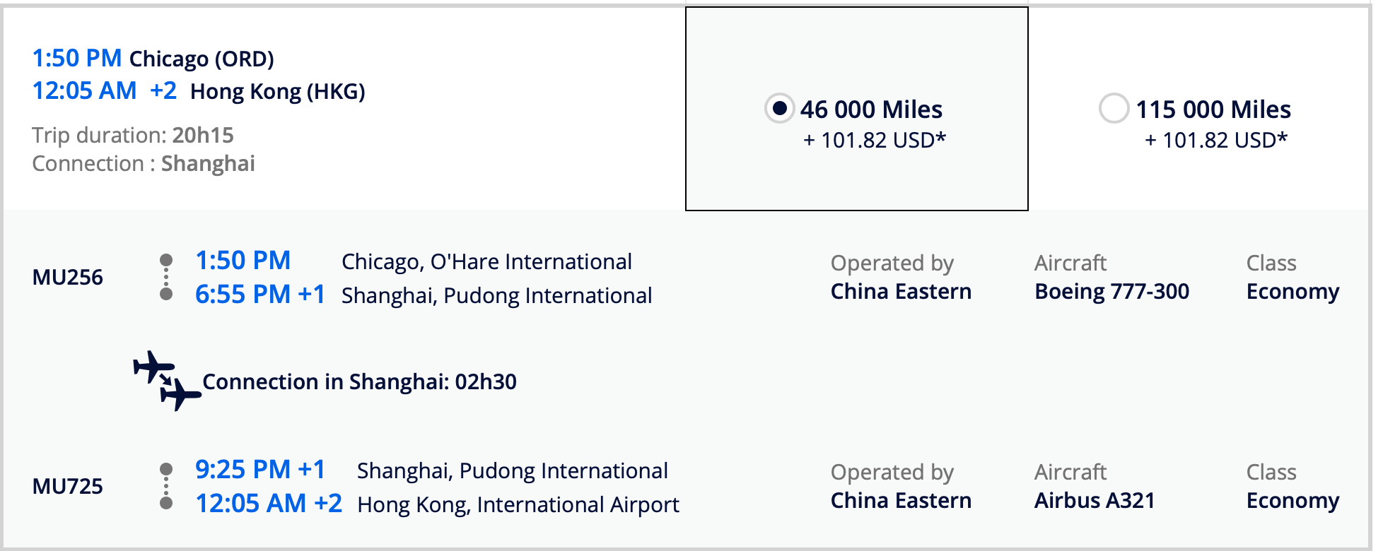 ORD to HKG via PVG Flying Blue Pricing Screen Shot