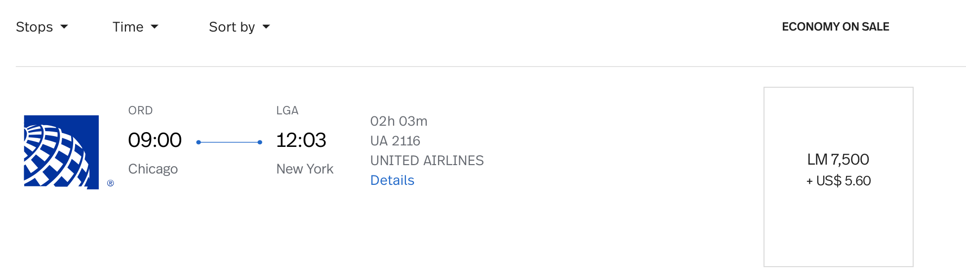 ORD to LGA LifeMiles Pricing on United Airlines