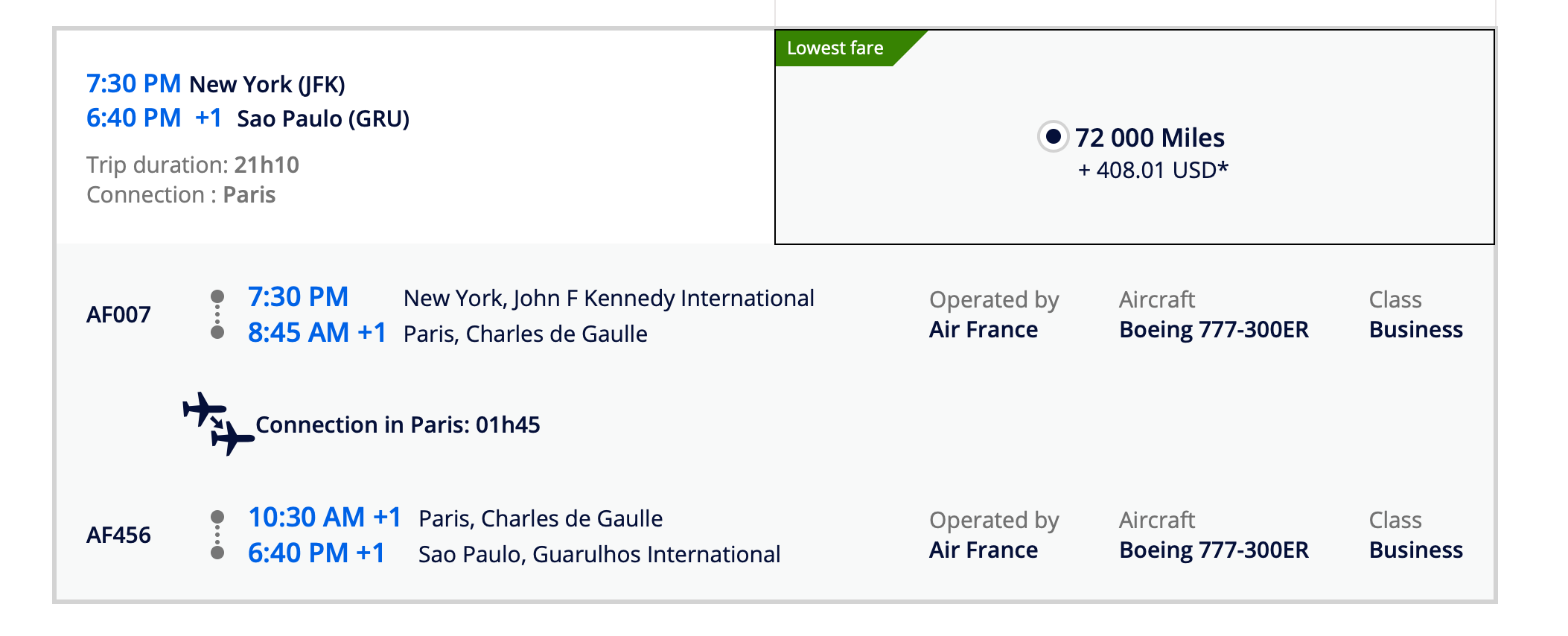 Odd JFK to GRU via CDG Routing Screen Shot