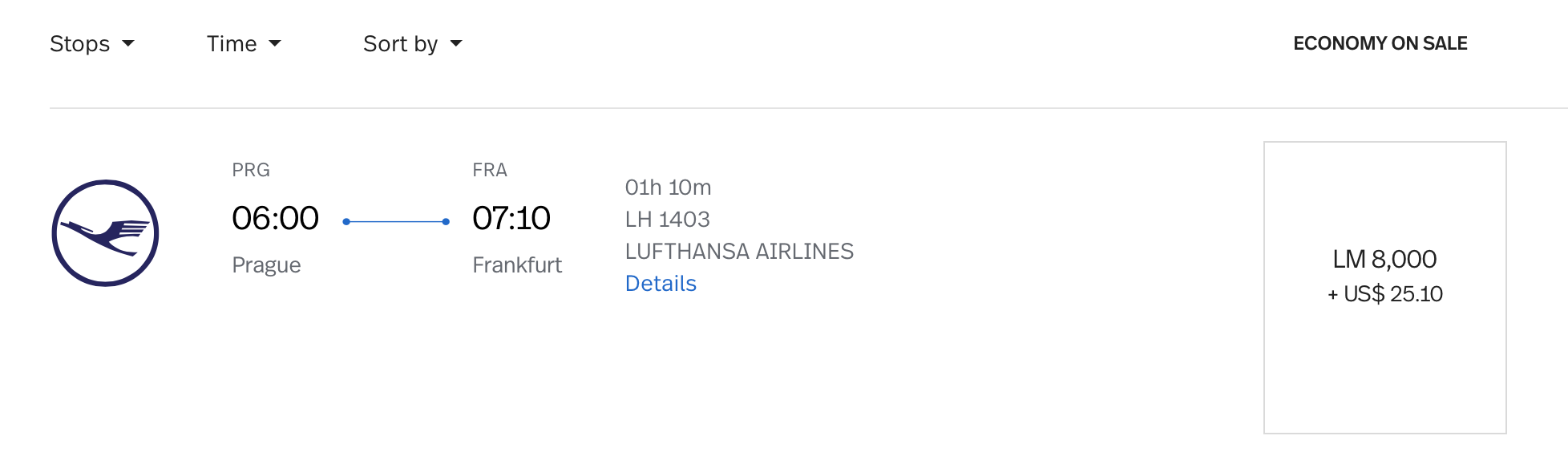 PRG to FRA LifeMiles Pricing on Lufthansa