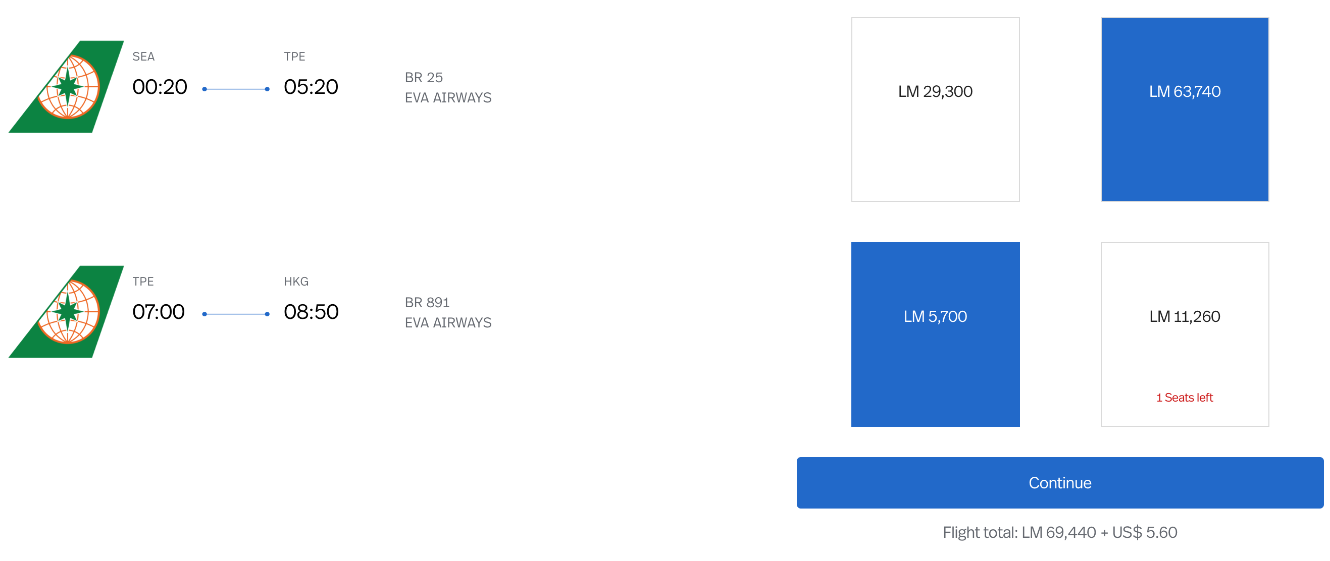 SEA HKG LifeMiles Pricing with Short-Haul Leg Booked in Economy Class