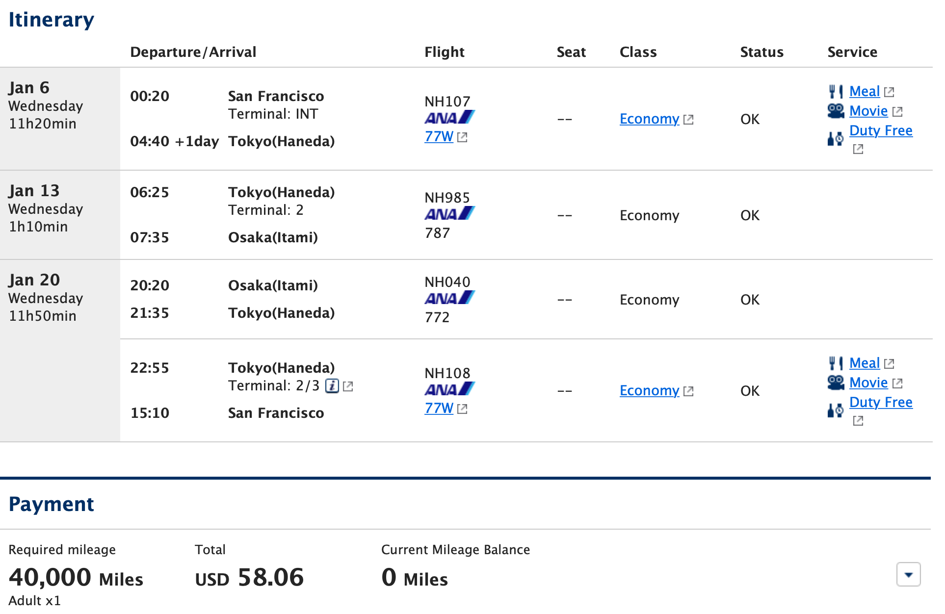 SFO HND HND ITM ITM SFO ANA Mileage Club Pricing