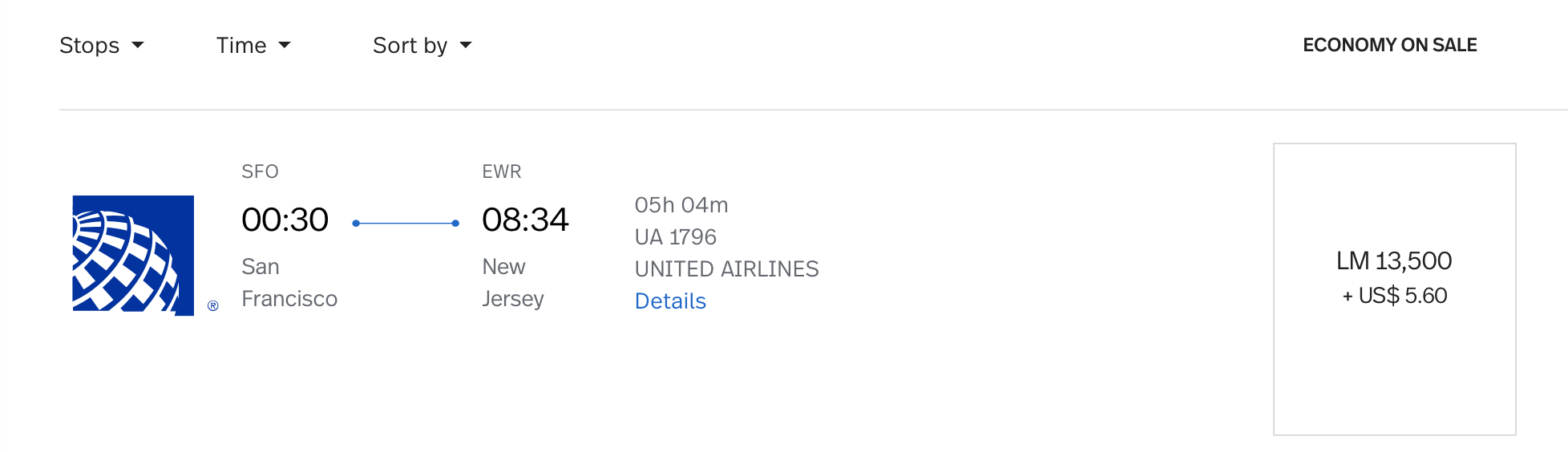 SFO to EWR LifeMiles Pricing on United Airlines