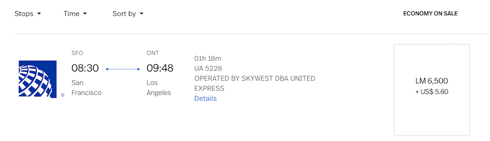 SFO to ONT LifeMiles Pricing on United Airlines