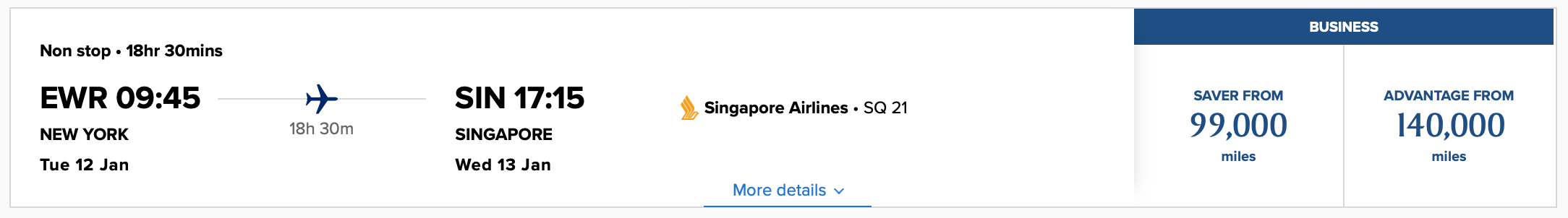 SIN EWR Krisflyer Pricing Screen Shot