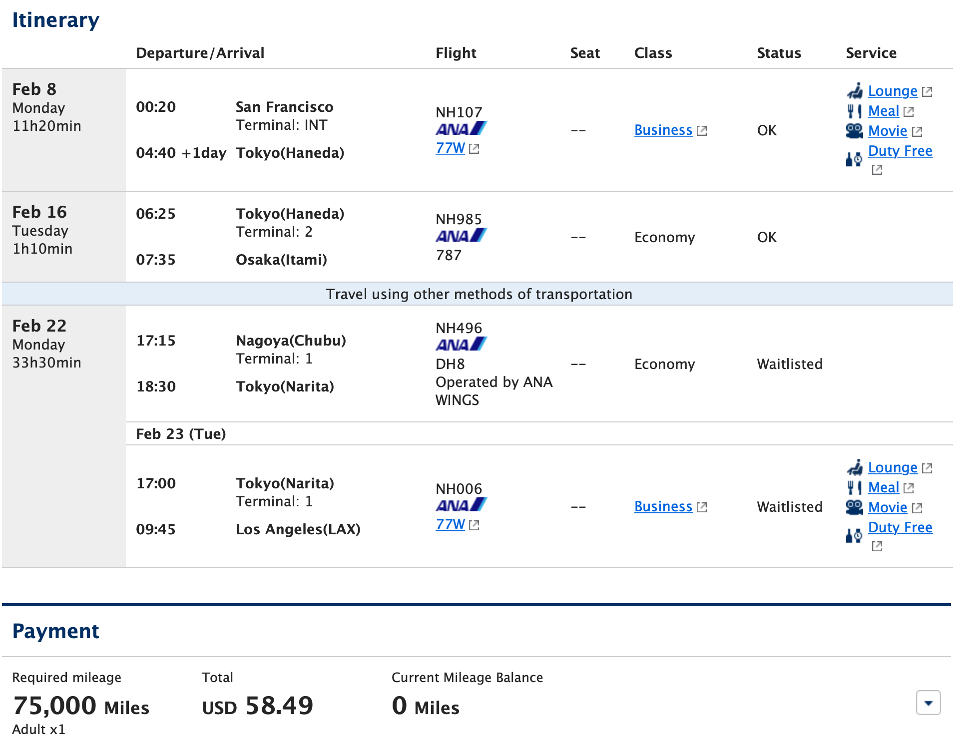 Sample ANA International Itinerary