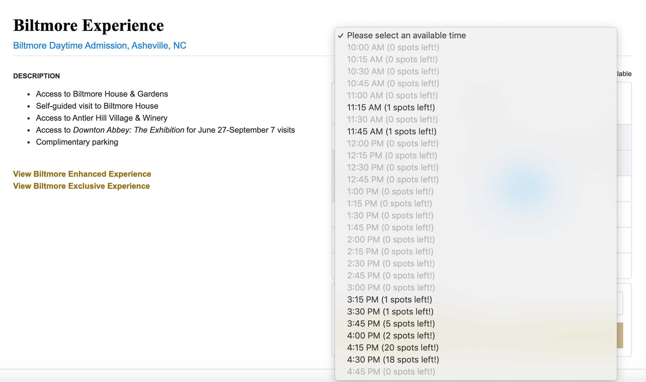 Available reservations at the Biltmore Estate for Thursday July 16, 2020