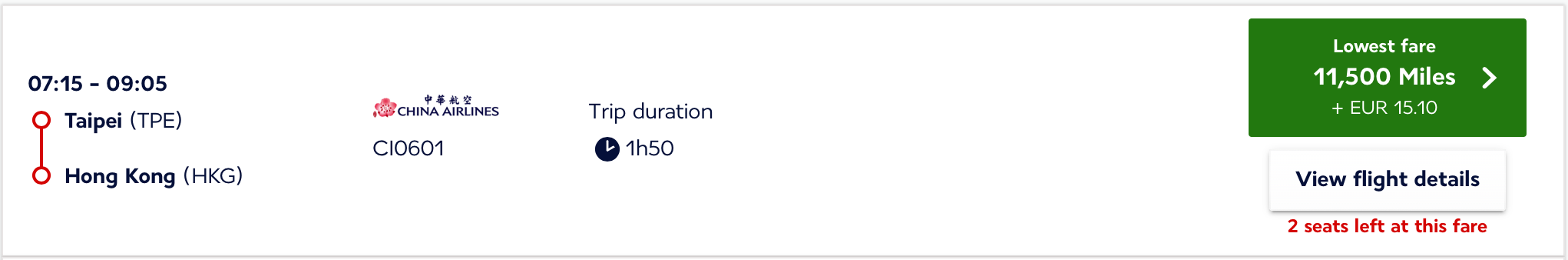 TPE HKG Flying Blue Award Pricing