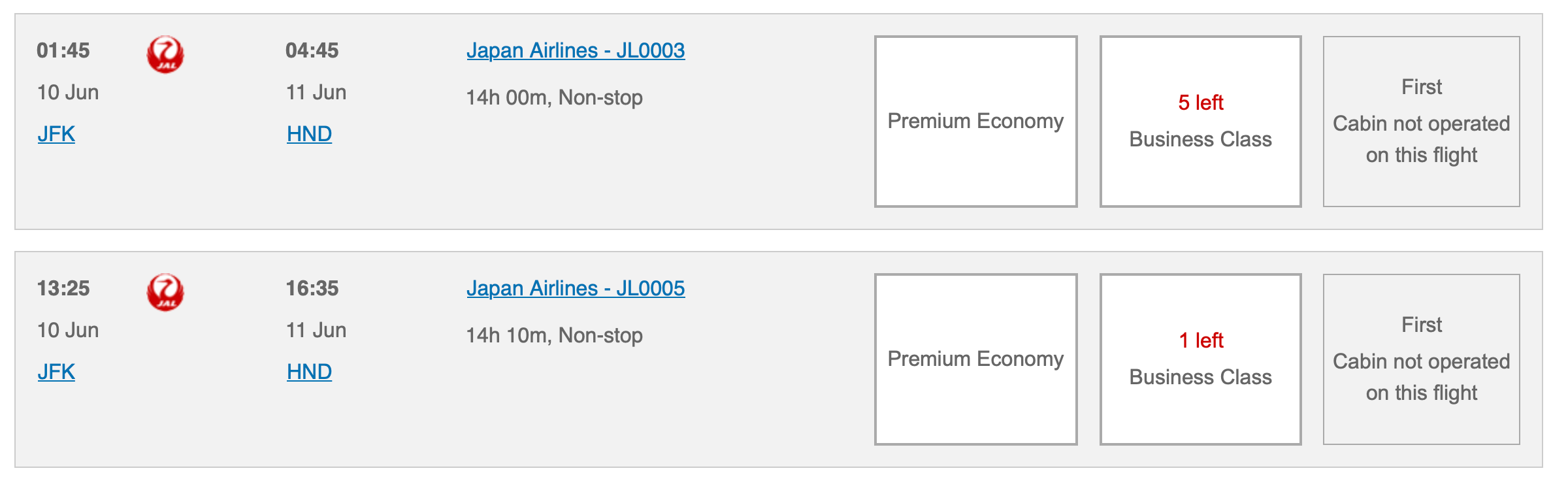 BA JAL First Class Not Operated
