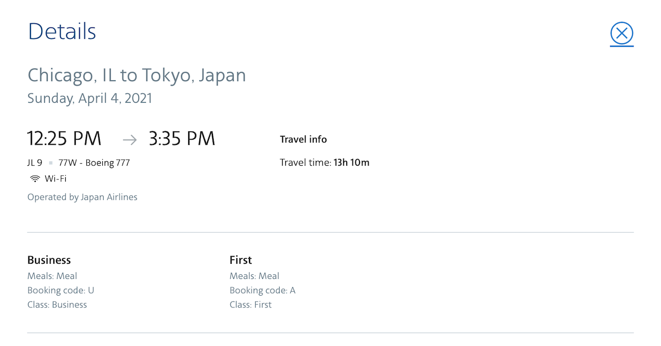 Japan Airlines First Class Booking Code