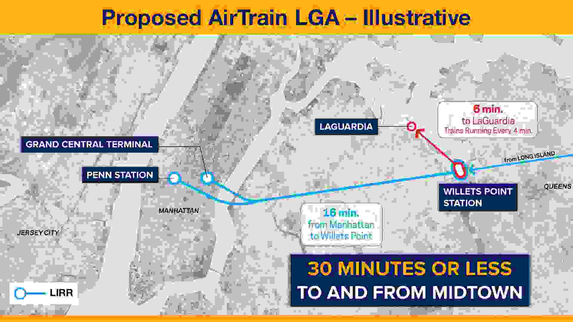 Travel times between LaGuardia and Manhattan via the proposed AirTrain and LIRR. (Image courtesy of the PANYNJ)