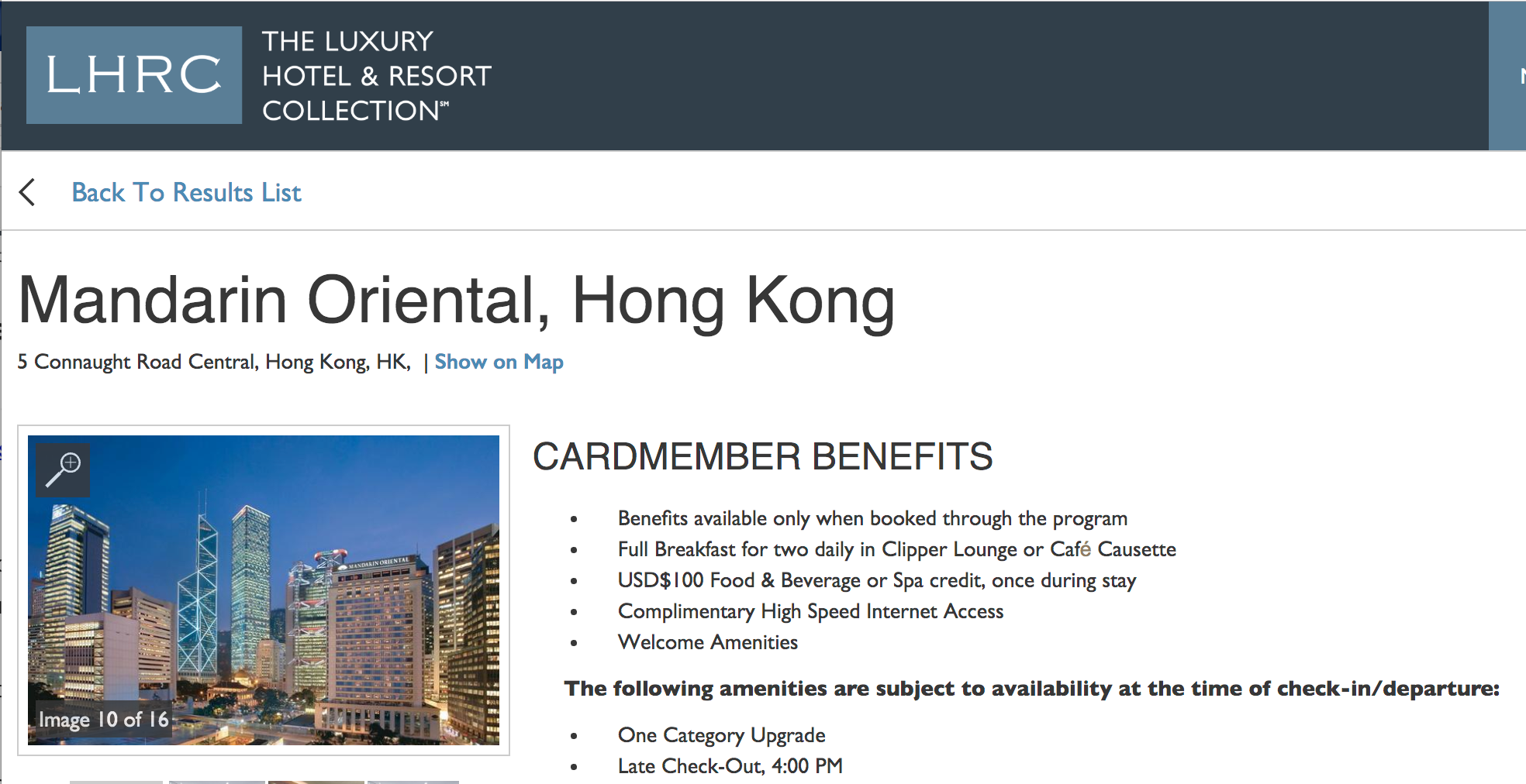 Screenshot of hotel booking details when using the Chase Luxury Hotel and Resort Collection