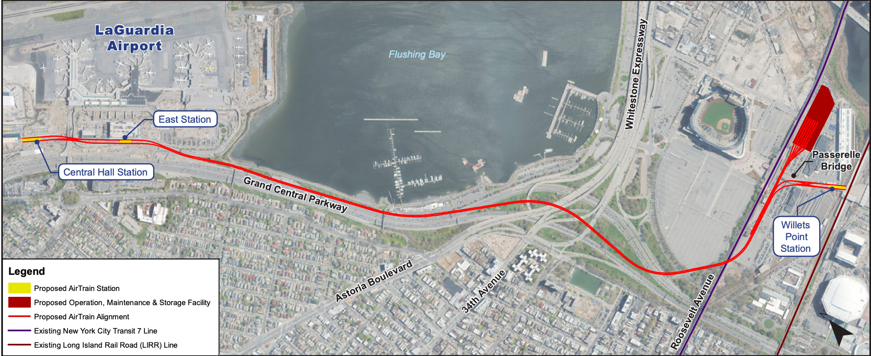 The route of the proposed LaGuardia AirTrain connecting Terminals B and C to the Mets-Willets Point subway station. (Image courtesy of the FAA)