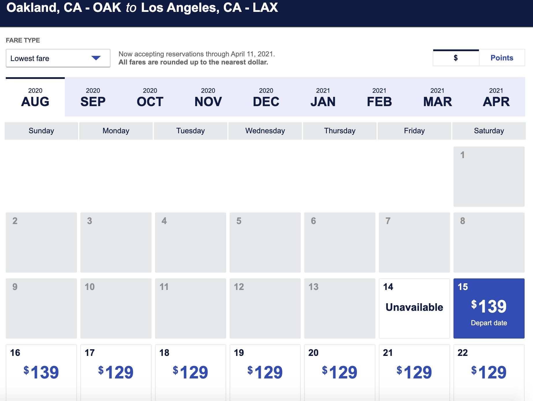 Southwest last-minute fare OAK-LAX