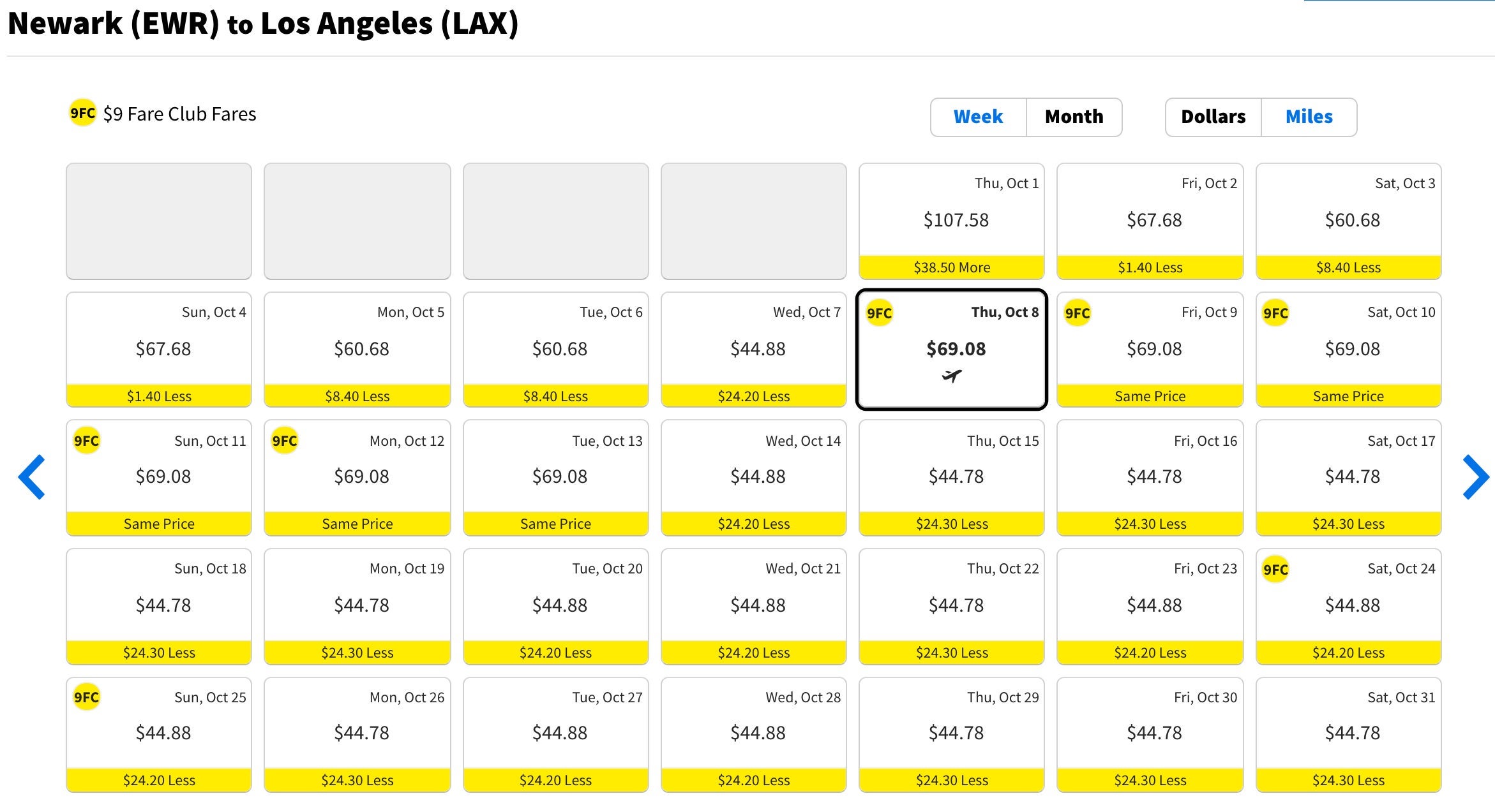 Spirit EWR-LAX calendar