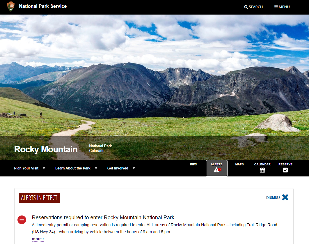 Rocky Mountain National Park alerts on home page