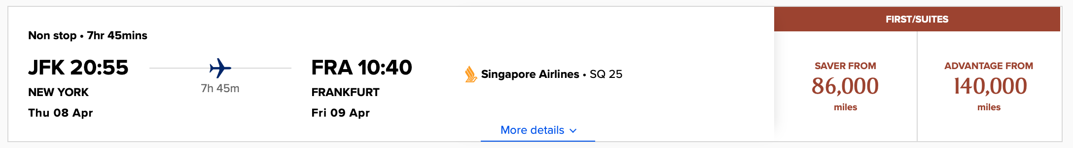 JFK FRA Singapore Suites Award Pricing
