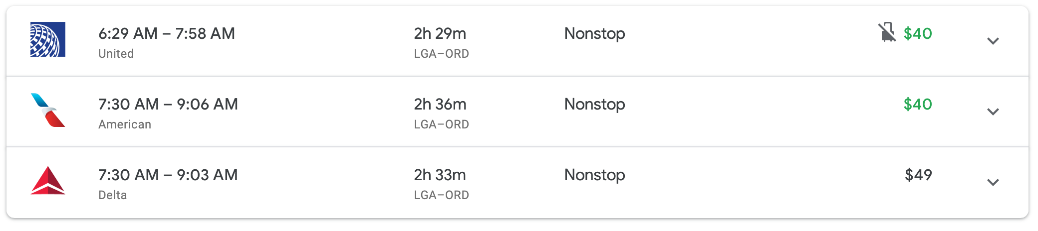 Pricing on one-way flight New York to Chicago