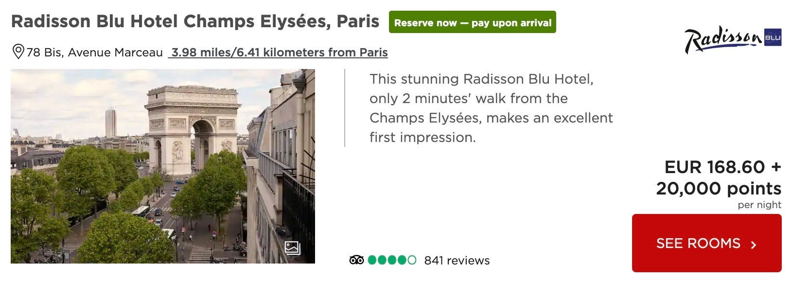 Radisson Blu Champs Elysees points + cash