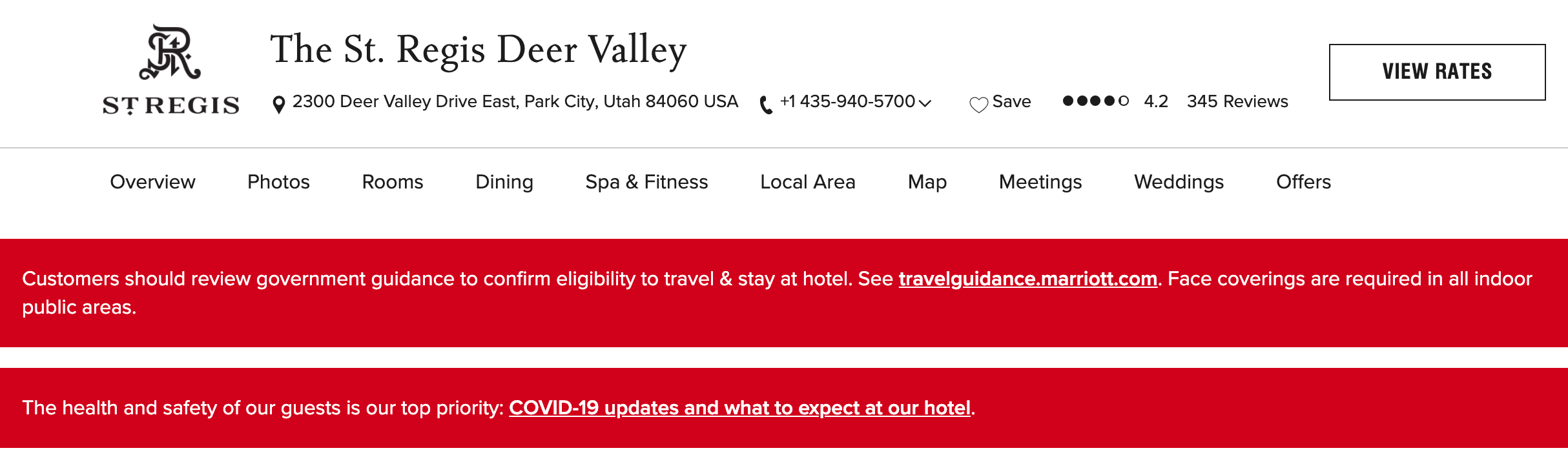Screen shot of St. Regis Deer Valley's homepage