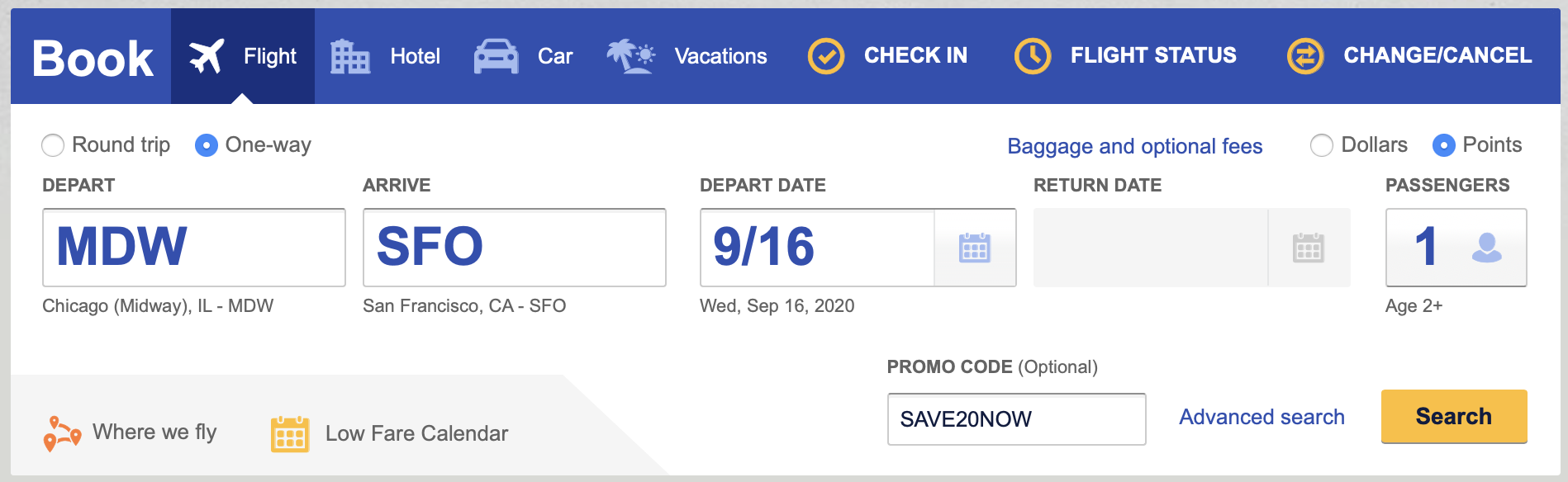 Searching for Southwest Award Flights with a Promo Code