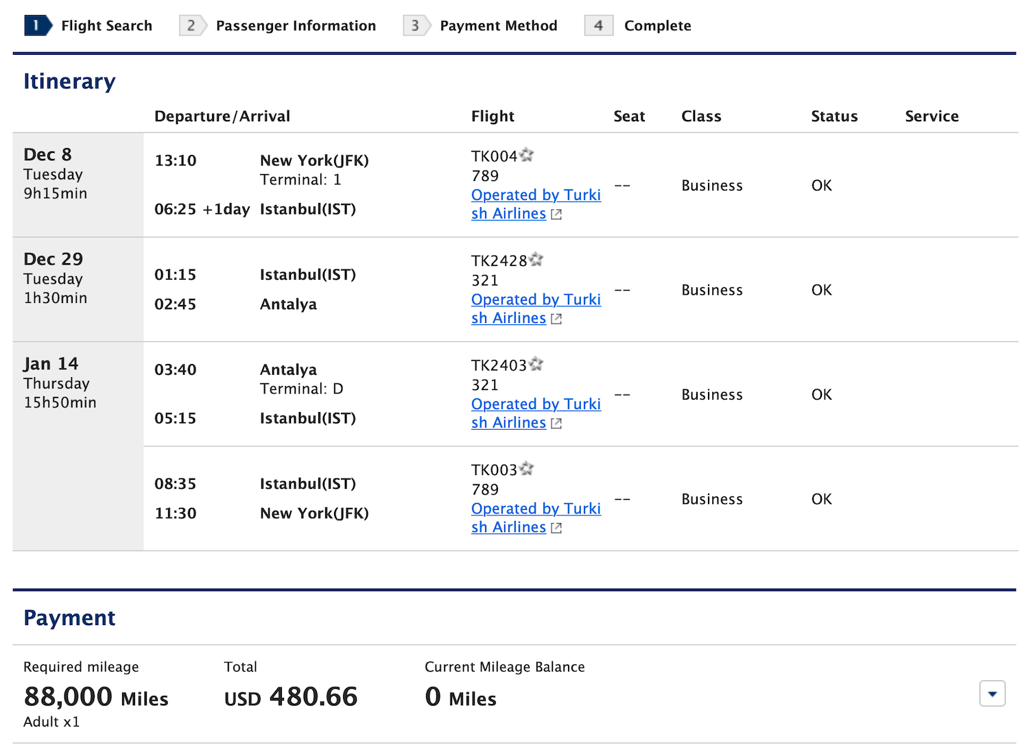ANA Mileage Club Redemption to Antalya and Istanbul