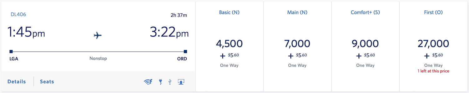 Delta SkyMiles Pricing LGA to ORD