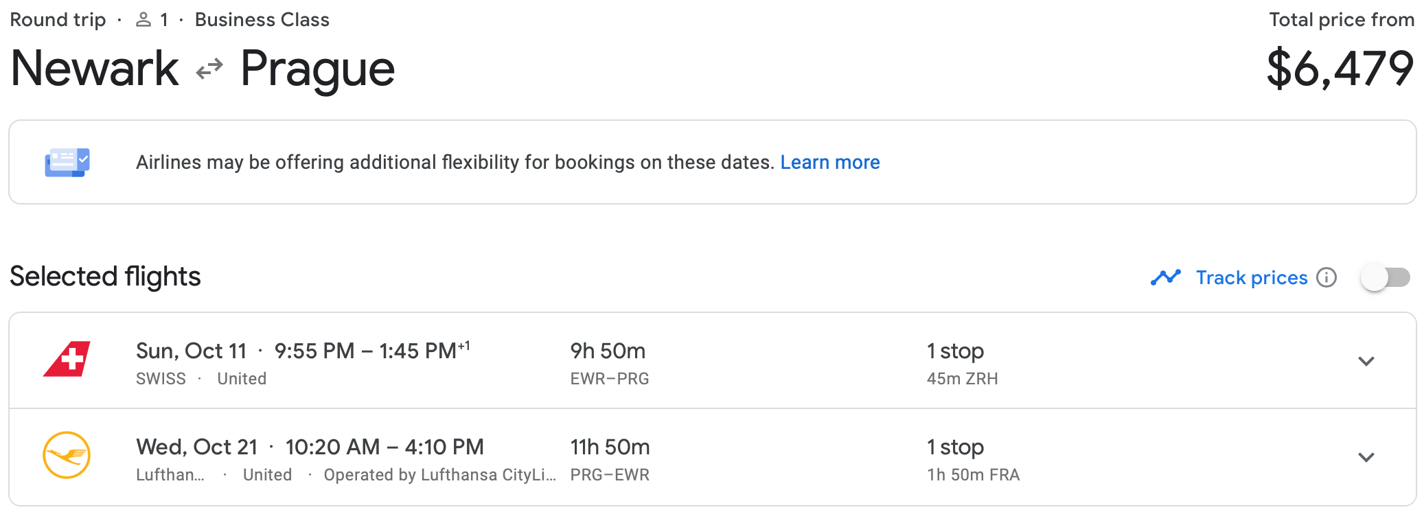 EWR to Prague Flight Cost October 2020