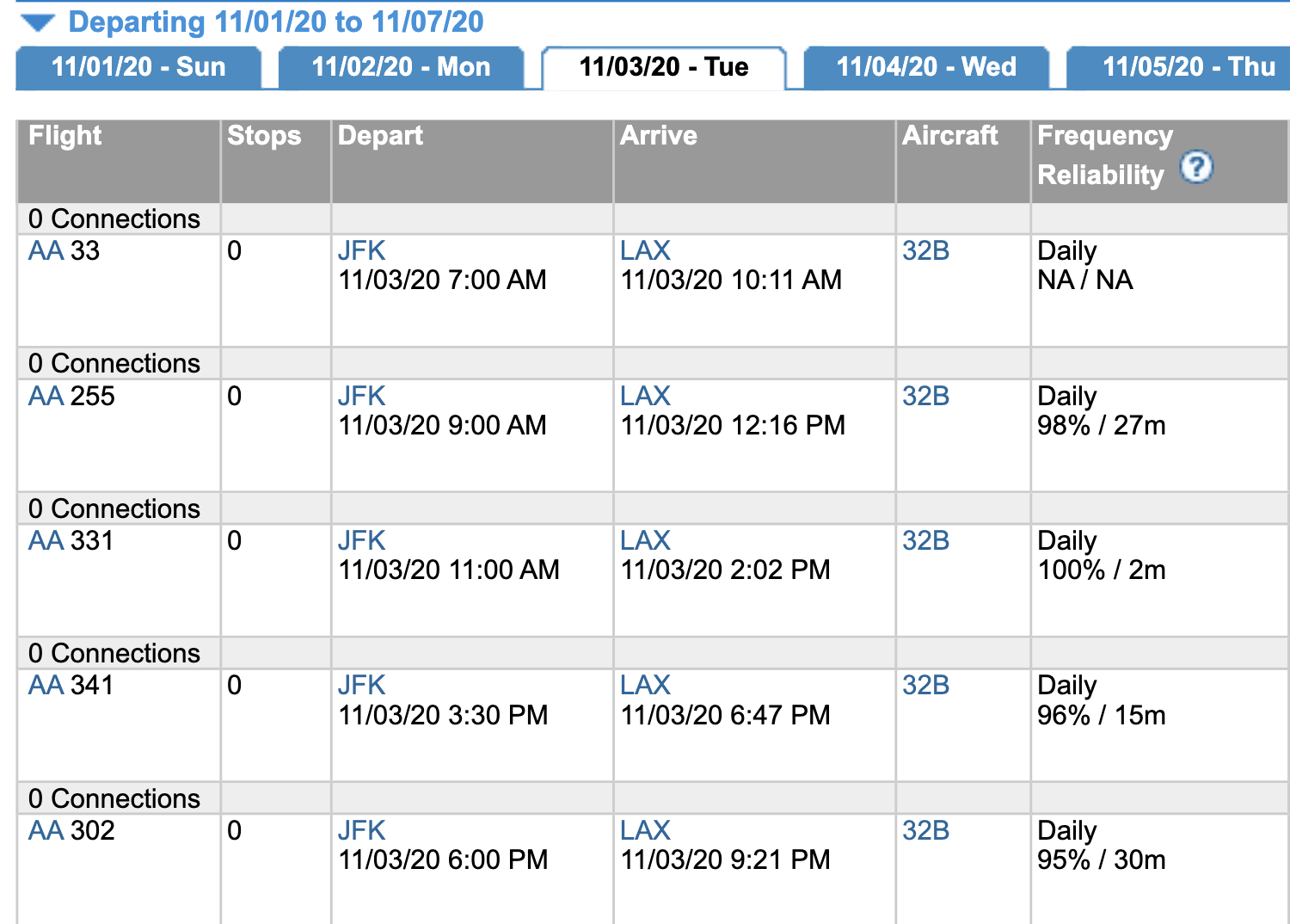 JFK-LAX on Nov. 3 (Screenshot courtesy of ExpertFlyer)