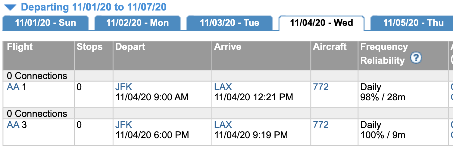 JFK-LAX on Nov. 4 (Screenshot courtesy of ExpertFlyer)